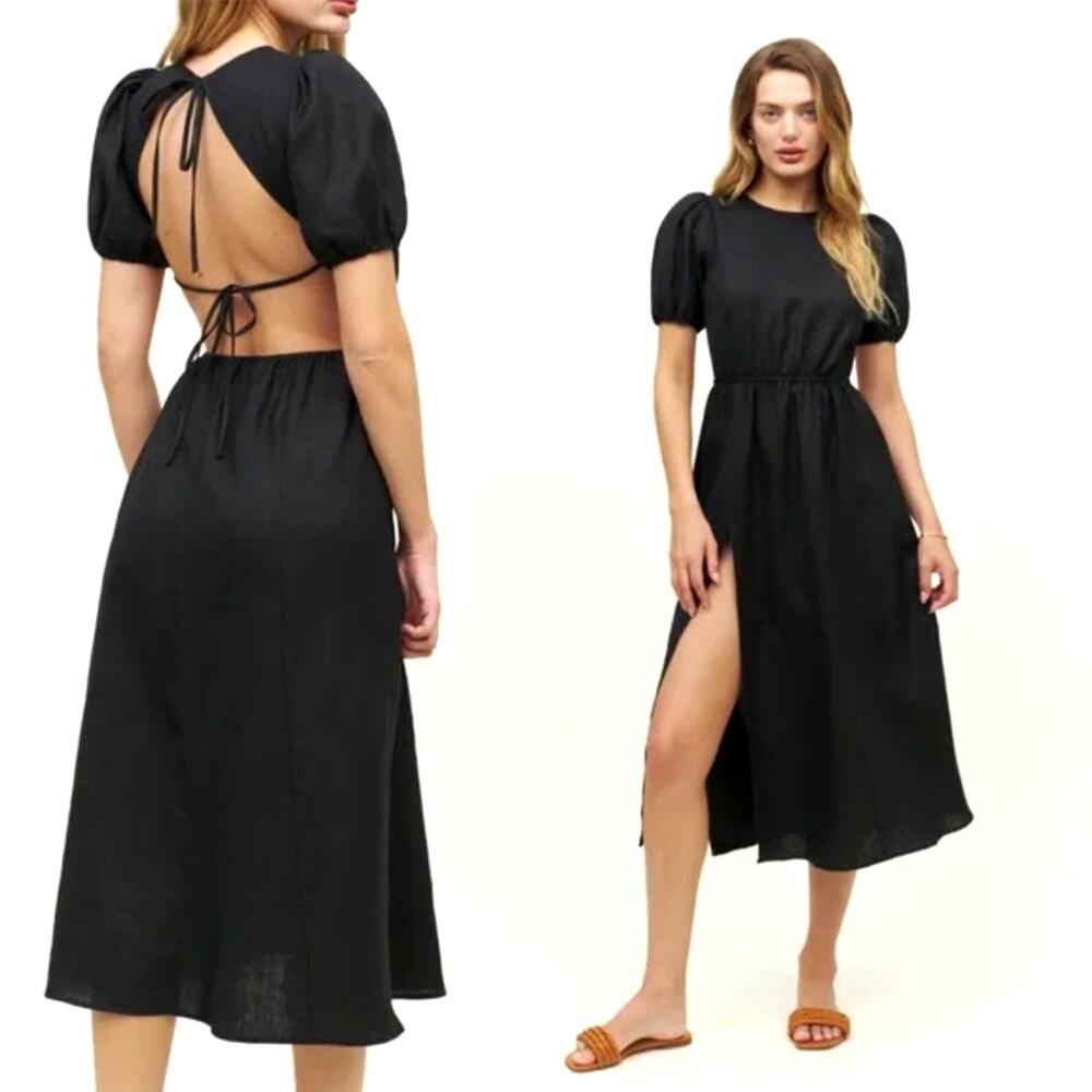 Reformation 12 Anneliese Linen Midi Dress $248 Puff Sleeve Backless Fit Flare - Picture 6 of 15